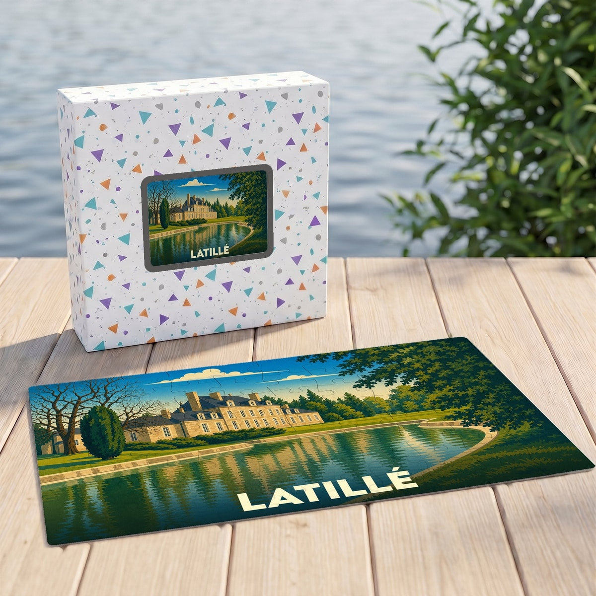 Puzzle souvenir de la ville de Latillé illustrant son château et son plan d'eau dans un style rétro.