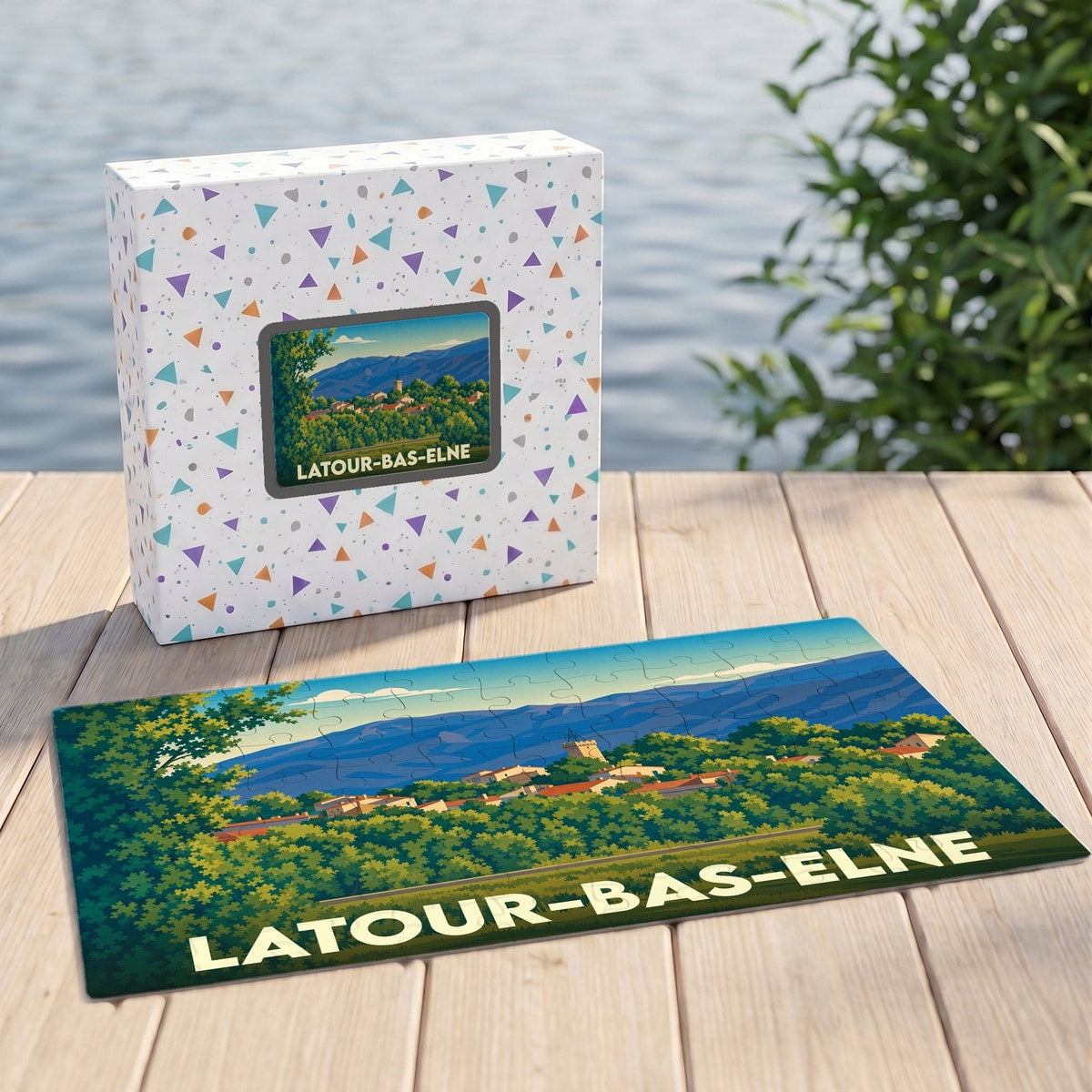 Puzzle souvenir de la ville de Latour-Bas-Elne avec une illustration stylisée de son paysage.