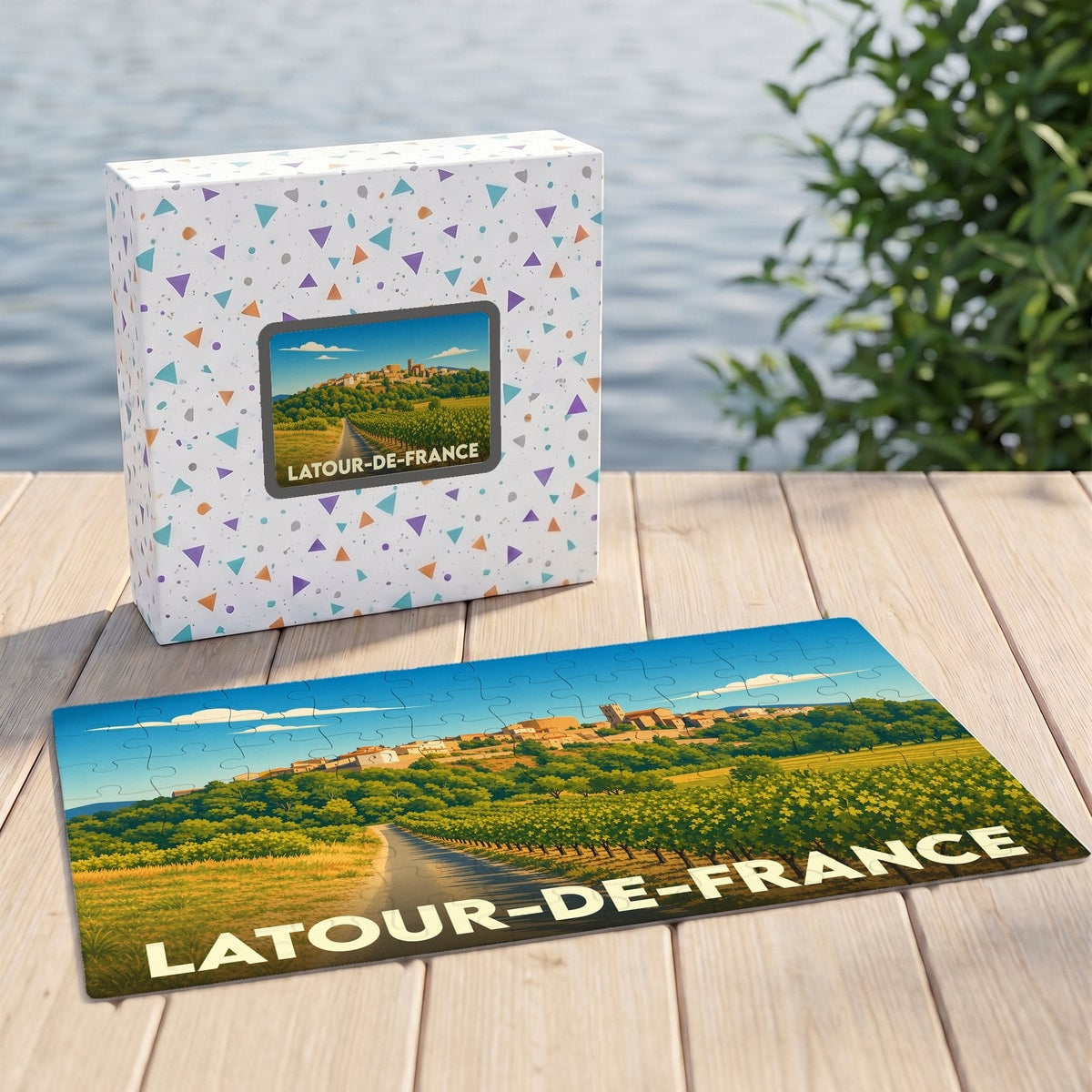 Puzzle souvenir de la ville de Latour-de-France avec son coffret, illustrant un paysage de vignobles et de village.
