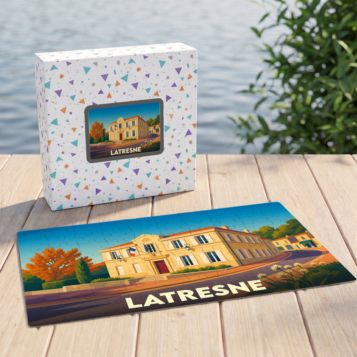 Puzzle souvenir de la ville de Latresne avec une illustration colorée et stylisée de sa mairie.
