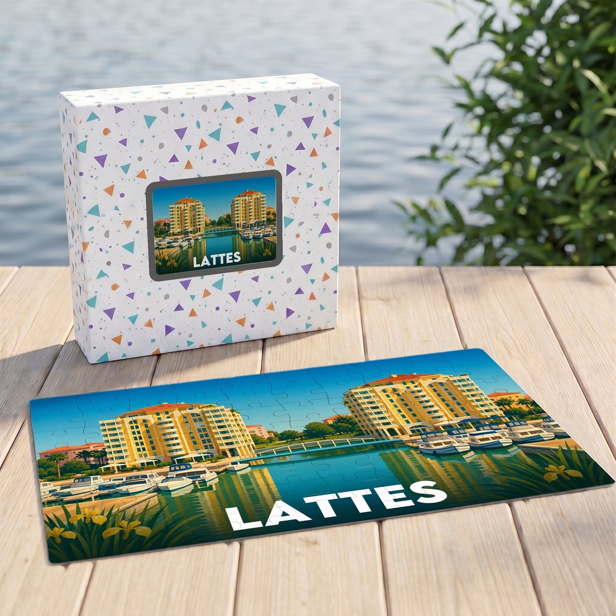 Puzzle souvenir de la ville de Lattes avec une illustration stylisée de son port.