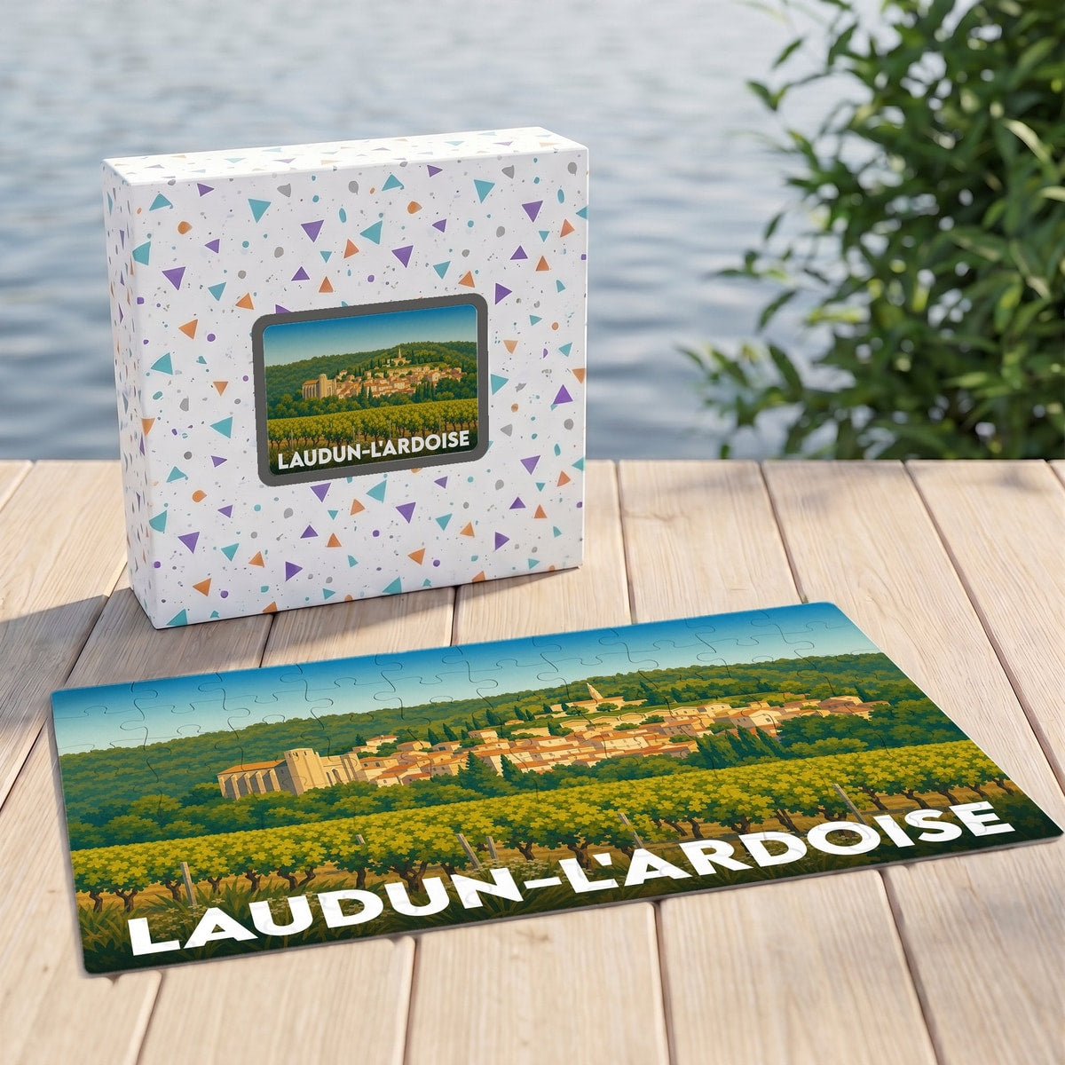 Puzzle souvenir de la ville de Laudun-l'Ardoise avec une illustration stylisée de son paysage et de ses vignobles.
