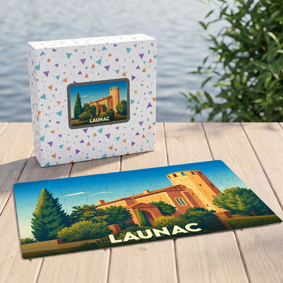 Puzzle souvenir de la ville de Launac avec une illustration stylisée d'un château.