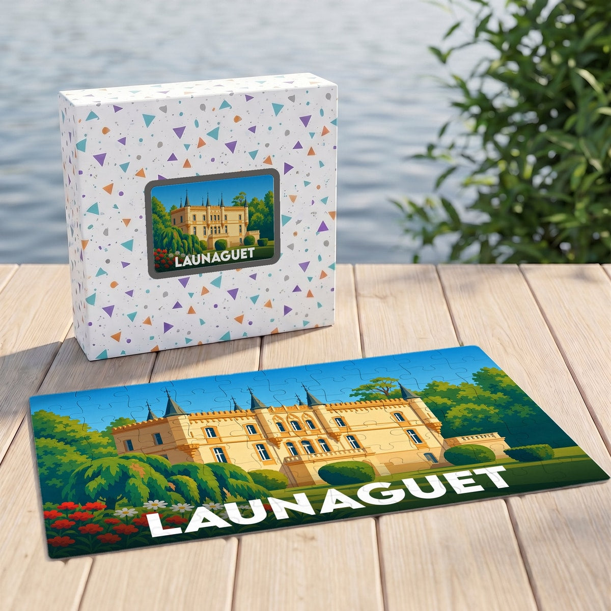 Puzzle souvenir de la ville de Launaguet illustré d'un château de style néogothique.