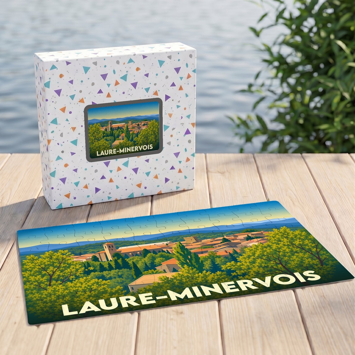 Puzzle souvenir de la ville de Laure-Minervois avec une illustration stylisée d'un paysage urbain provençal.