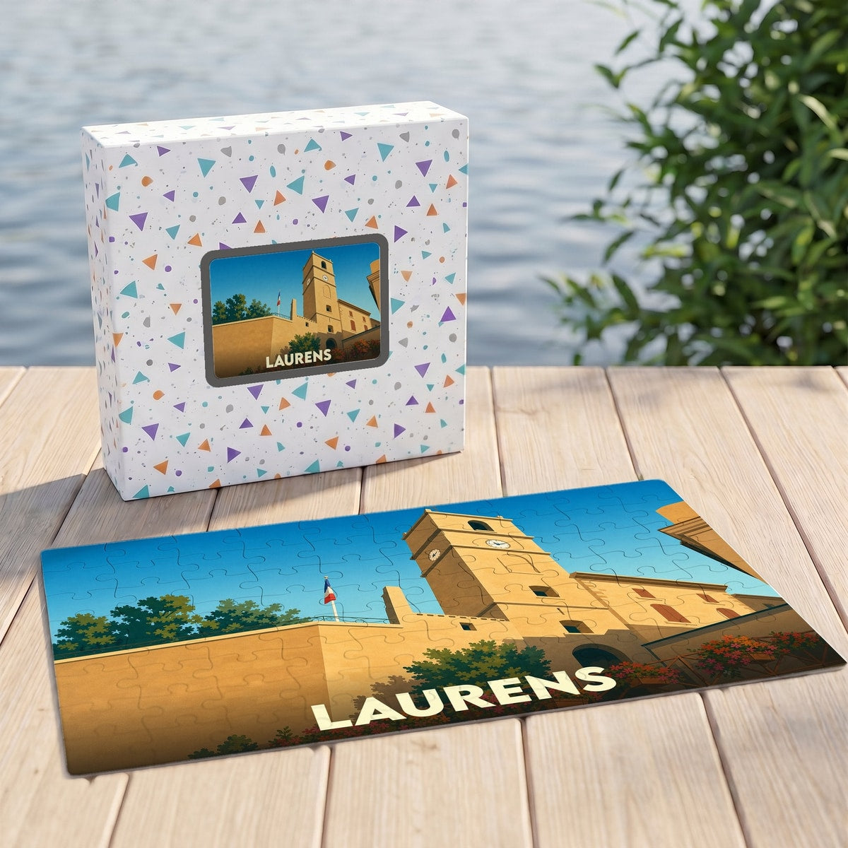 Puzzle souvenir de la ville de Laurens avec une illustration stylisée de son clocher.
