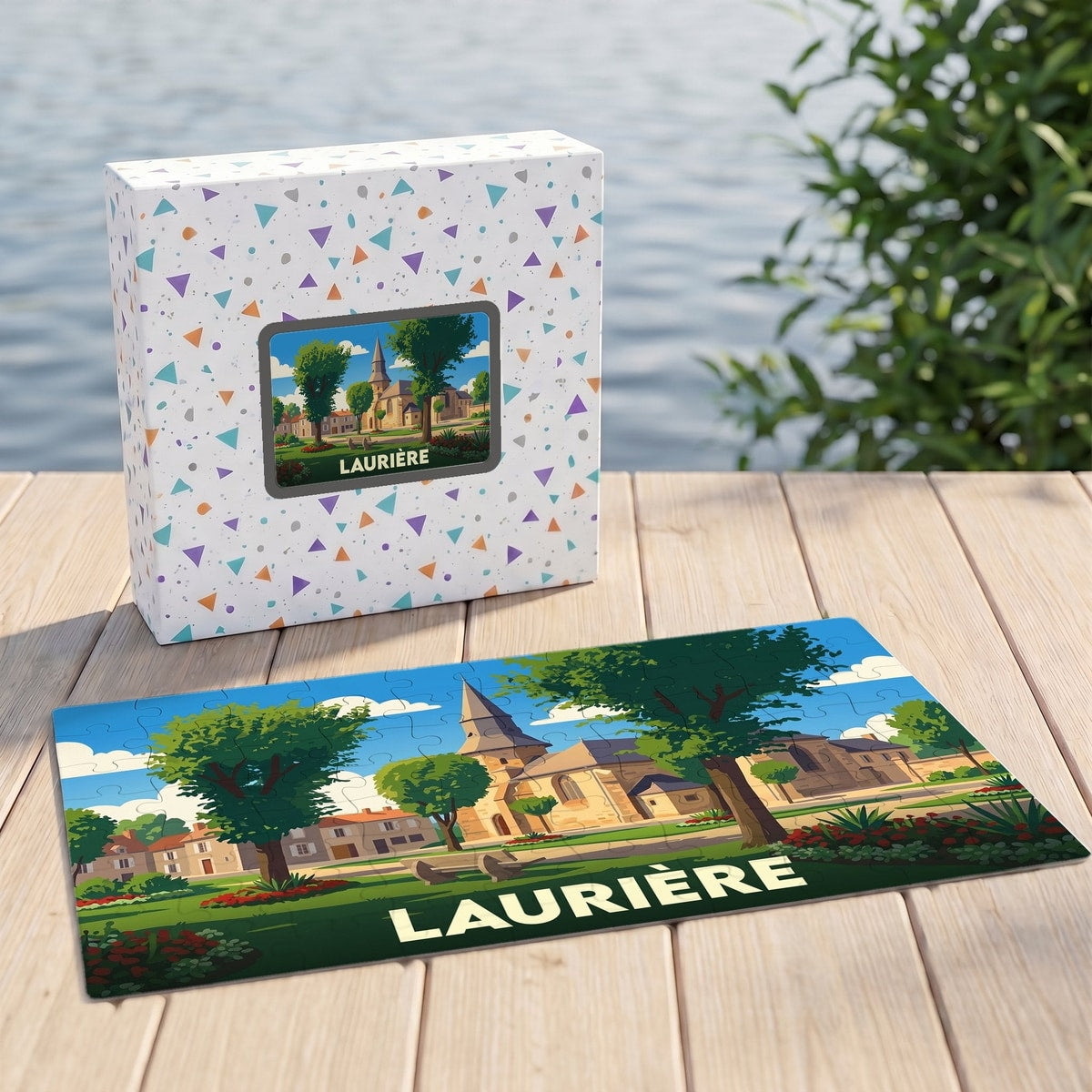 Puzzle souvenir de la ville de Laurière avec une illustration stylisée et colorée.