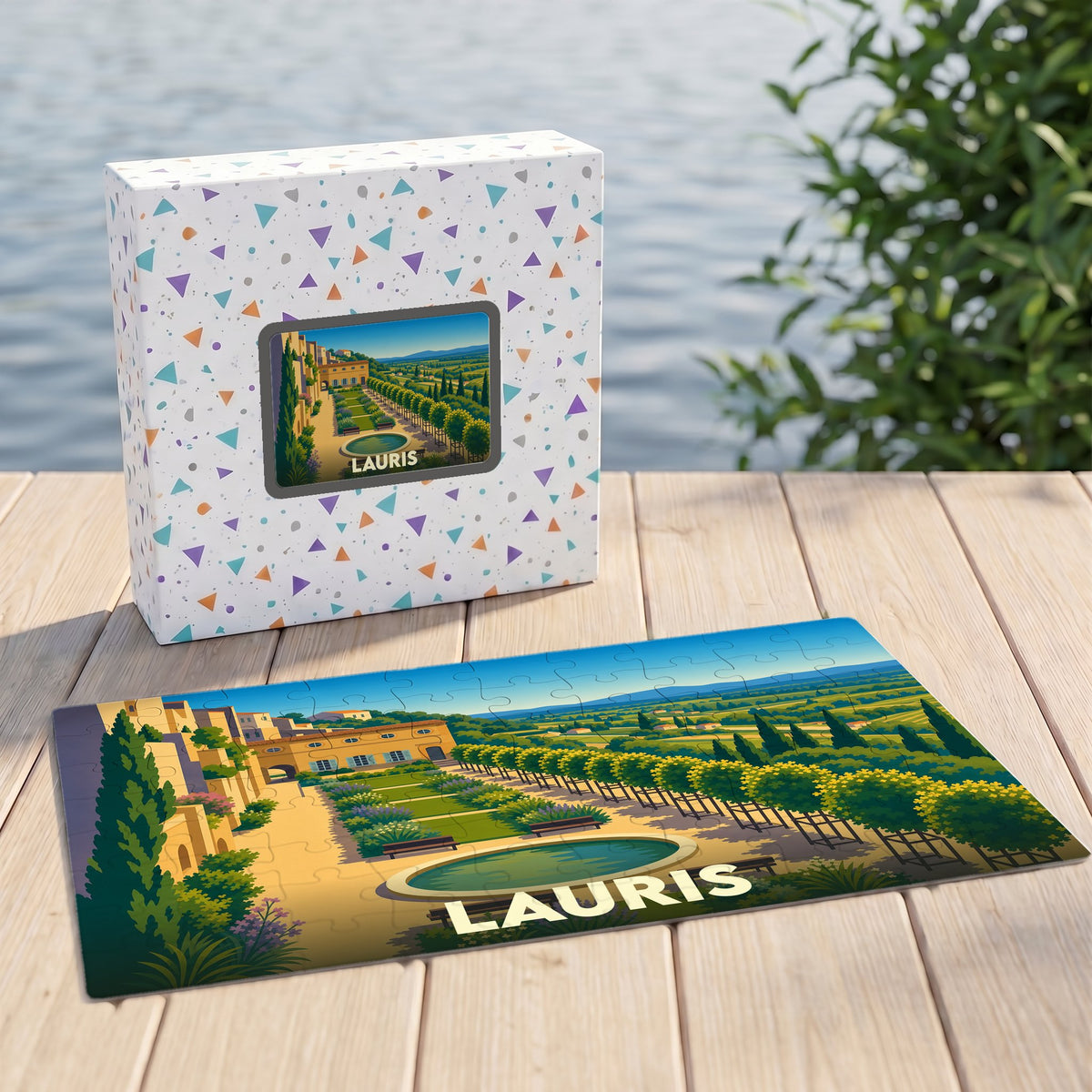 Puzzle souvenir de la ville de Lauris avec une illustration stylisée de ses jardins.