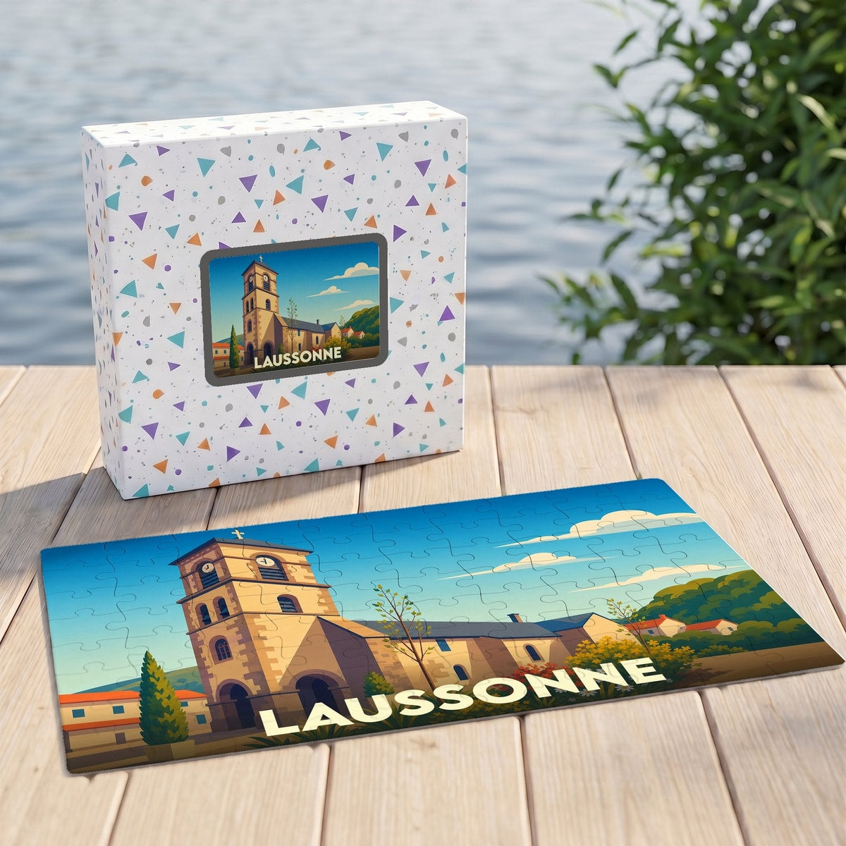 Puzzle souvenir de la ville de Laussonne avec une illustration stylisée d'une église.