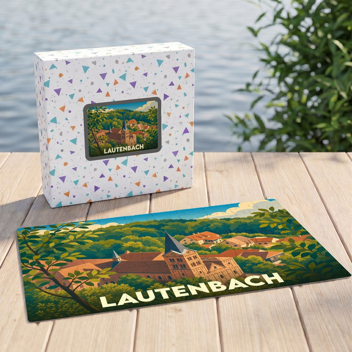 Puzzle souvenir de la ville de Lautenbach avec une illustration stylisée de son église et de ses paysages verdoyants.