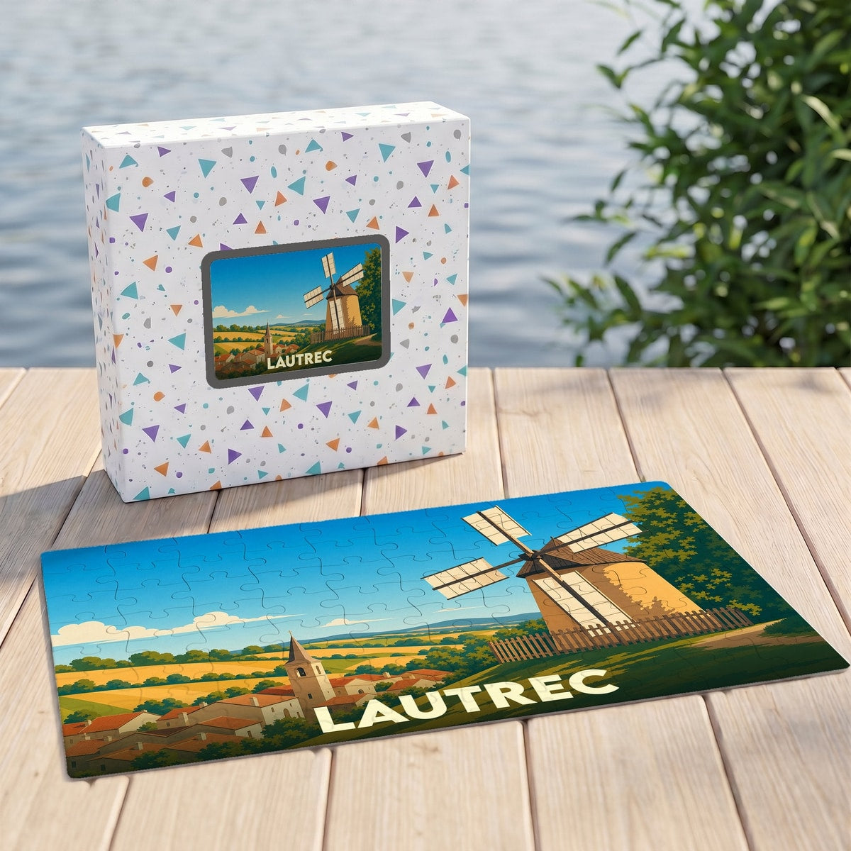 Puzzle souvenir de la ville de Lautrec avec une illustration stylisée d'un moulin et d'un village.