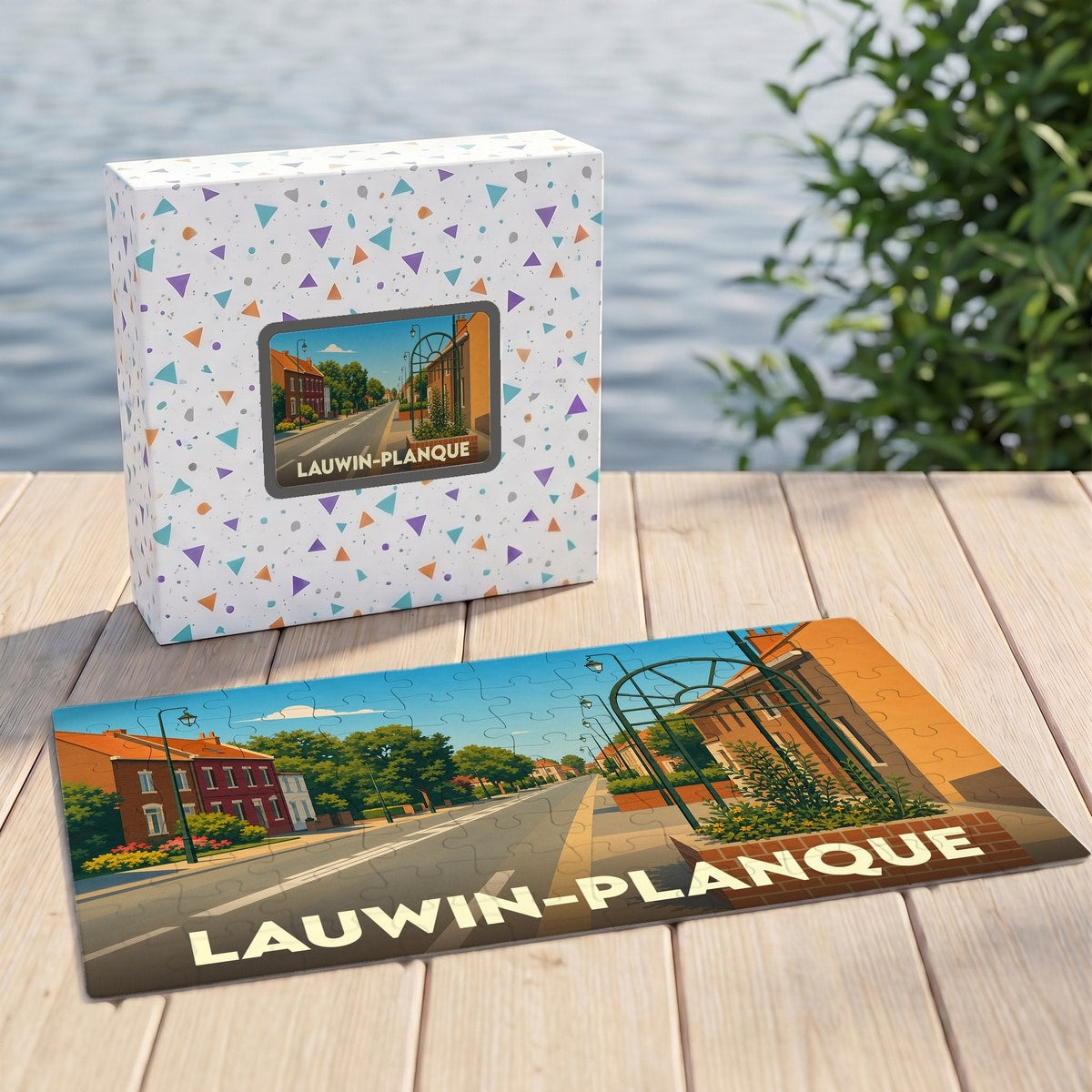 Puzzle souvenir de la ville de Lauwin-Planque avec une illustration stylisée et colorée de ses rues.