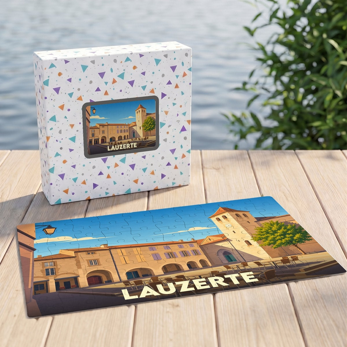 Puzzle souvenir de la ville de Lauzerte présenté avec sa boîte illustrée.