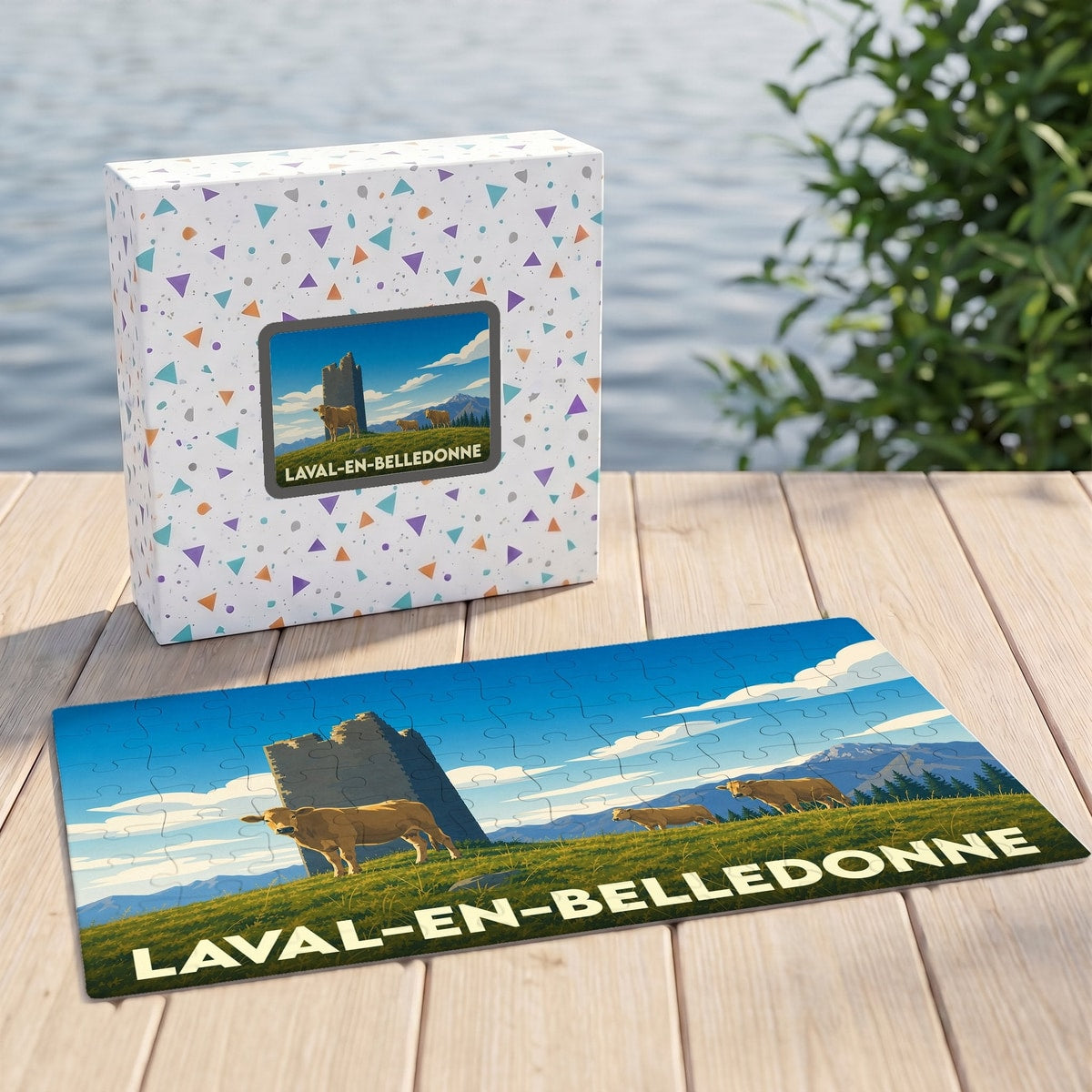 Puzzle souvenir de la ville de Laval-en-Belledonne avec une illustration stylisée montrant des vaches devant une tour médiévale.