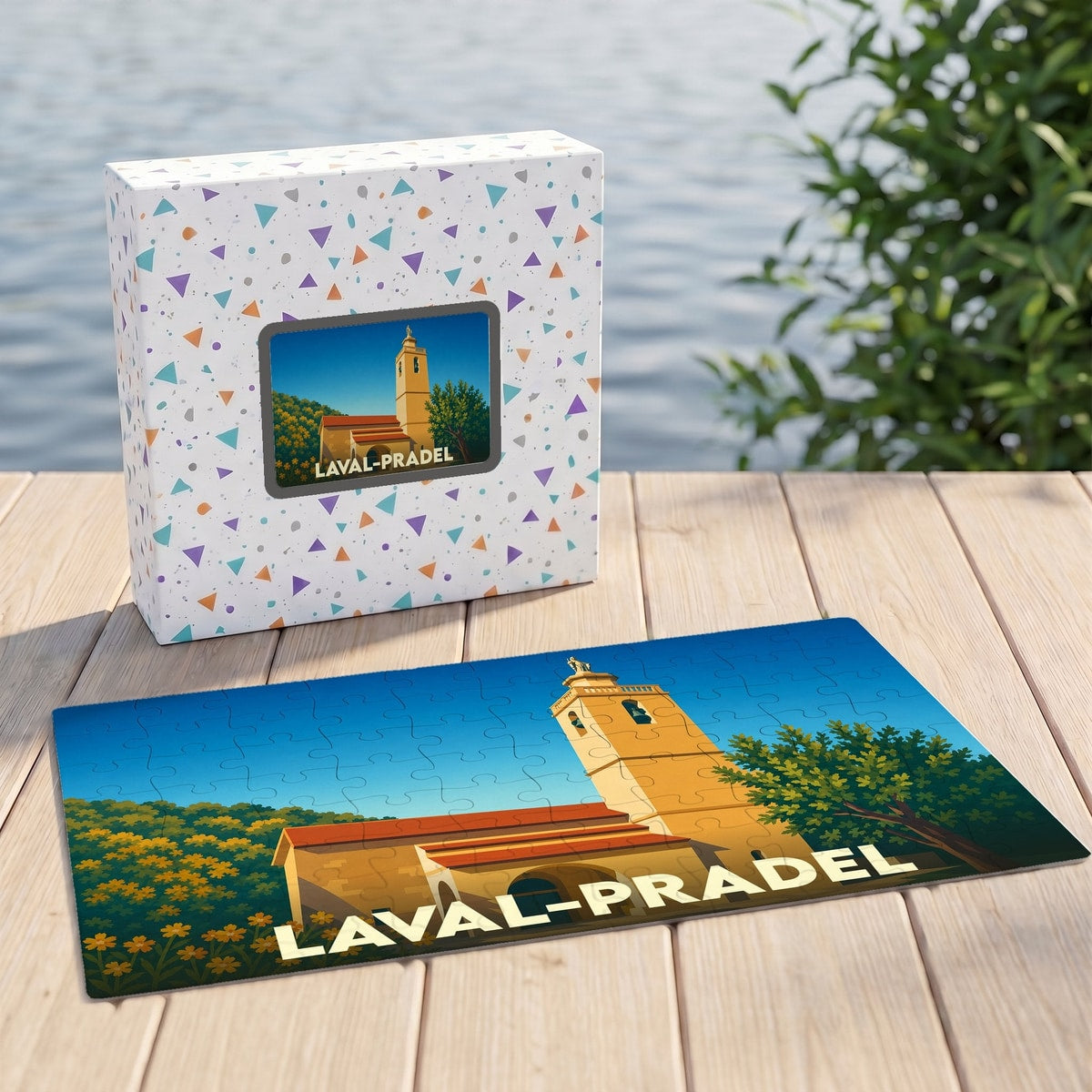 Puzzle souvenir de la ville de Laval-Pradel avec une illustration stylisée.