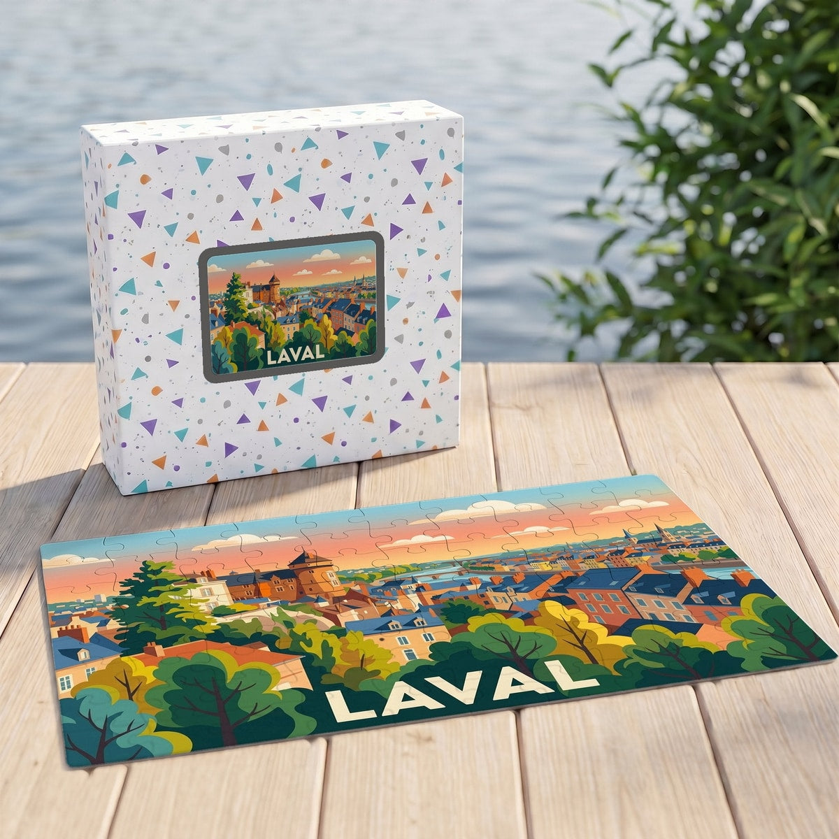 Puzzle souvenir de la ville de Laval avec une illustration stylisée et colorée.