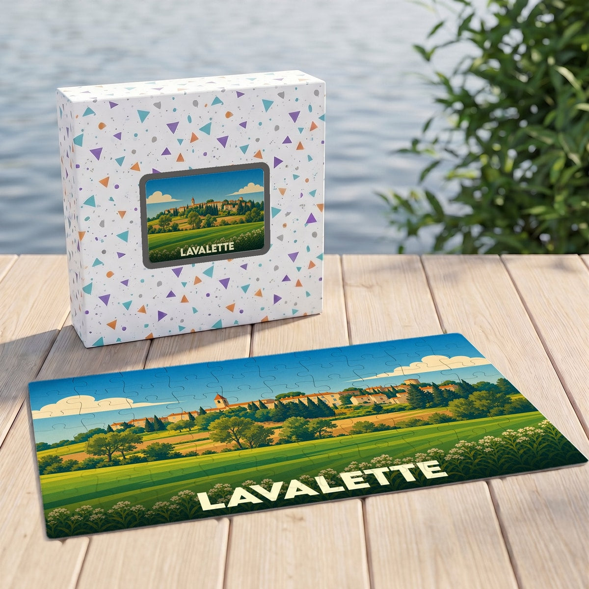 Puzzle souvenir de la ville de Lavalette avec une illustration stylisée d'un paysage de campagne.