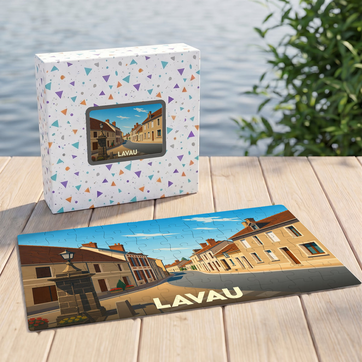 Puzzle souvenir de la ville de Lavau avec une illustration stylisée.