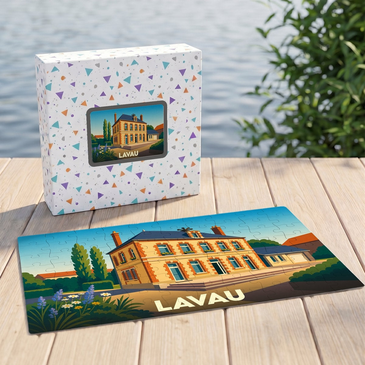 Puzzle souvenir de la ville de Lavau avec une illustration stylisée d'un bâtiment remarquable.