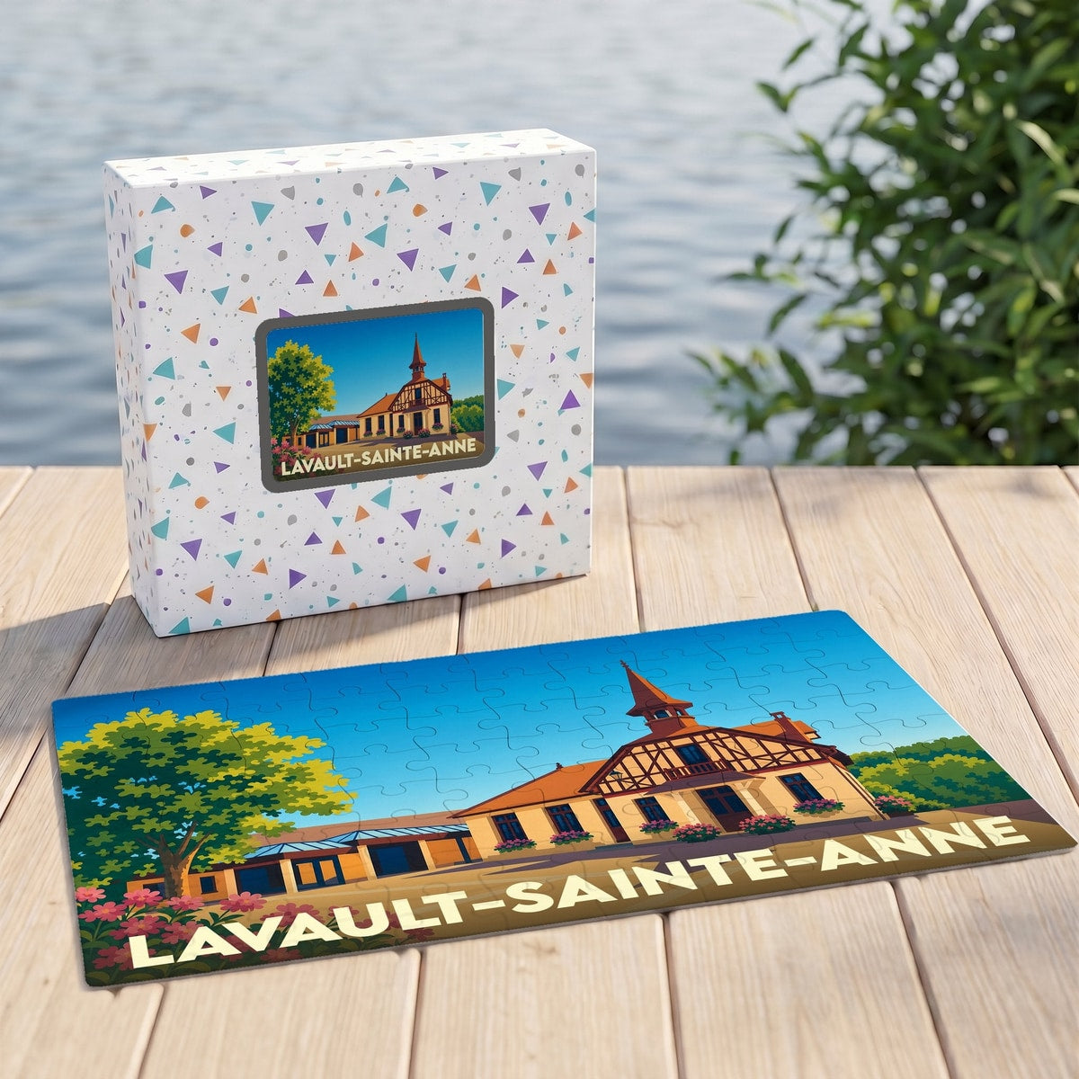 Puzzle souvenir de la ville de Lavault-Sainte-Anne avec une illustration stylisée de son patrimoine.
