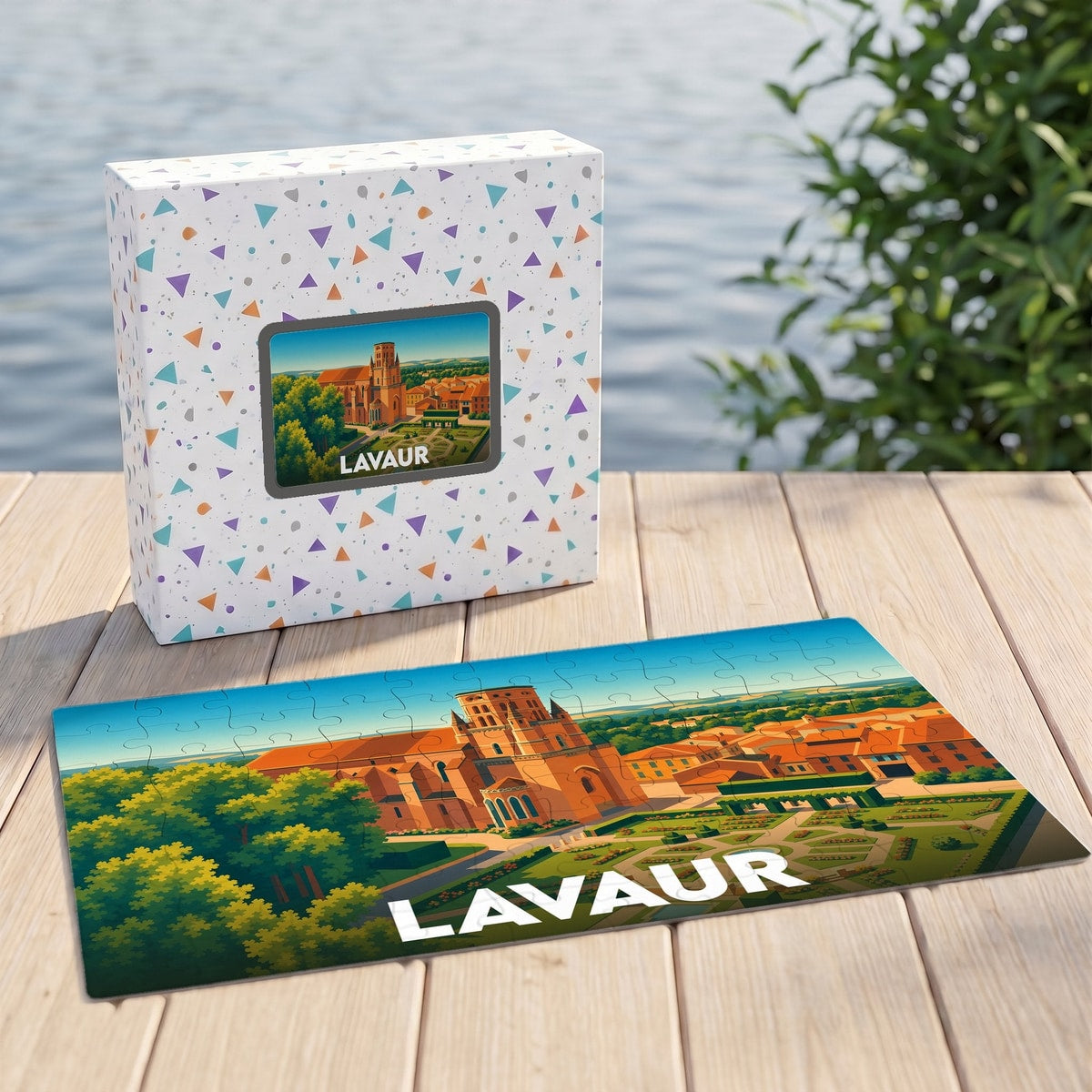 Puzzle souvenir de la ville de Lavaur avec une illustration stylisée de sa cathédrale et de ses jardins.