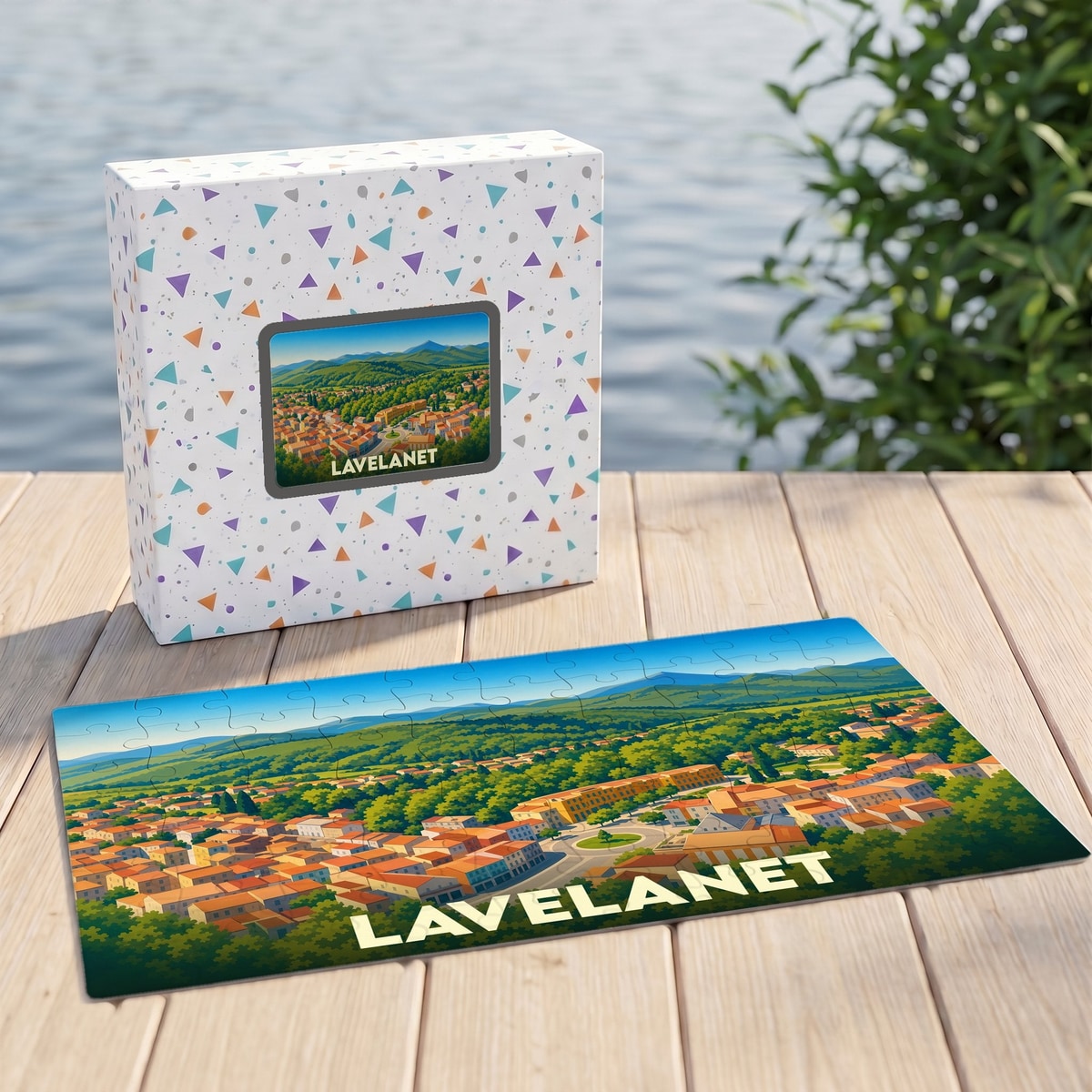 Puzzle souvenir de la ville de Lavelanet avec une illustration panoramique stylisée.