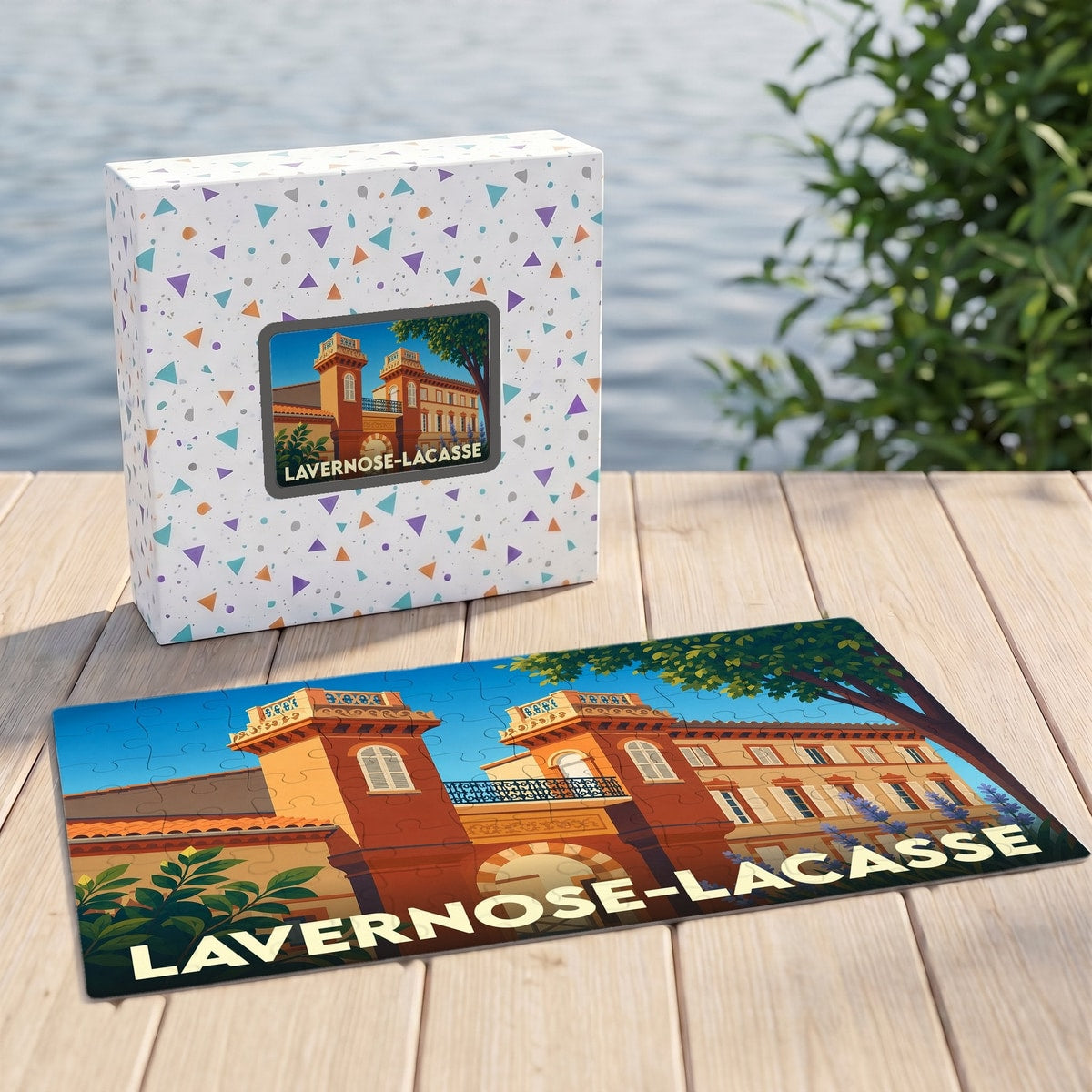 Puzzle souvenir de la ville de Lavernose-Lacasse avec son coffret assorti, illustrant un bâtiment historique dans un style rétro.