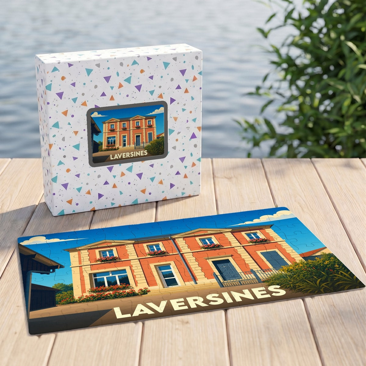 Puzzle souvenir de la ville de Laversines avec une illustration colorée de sa mairie.