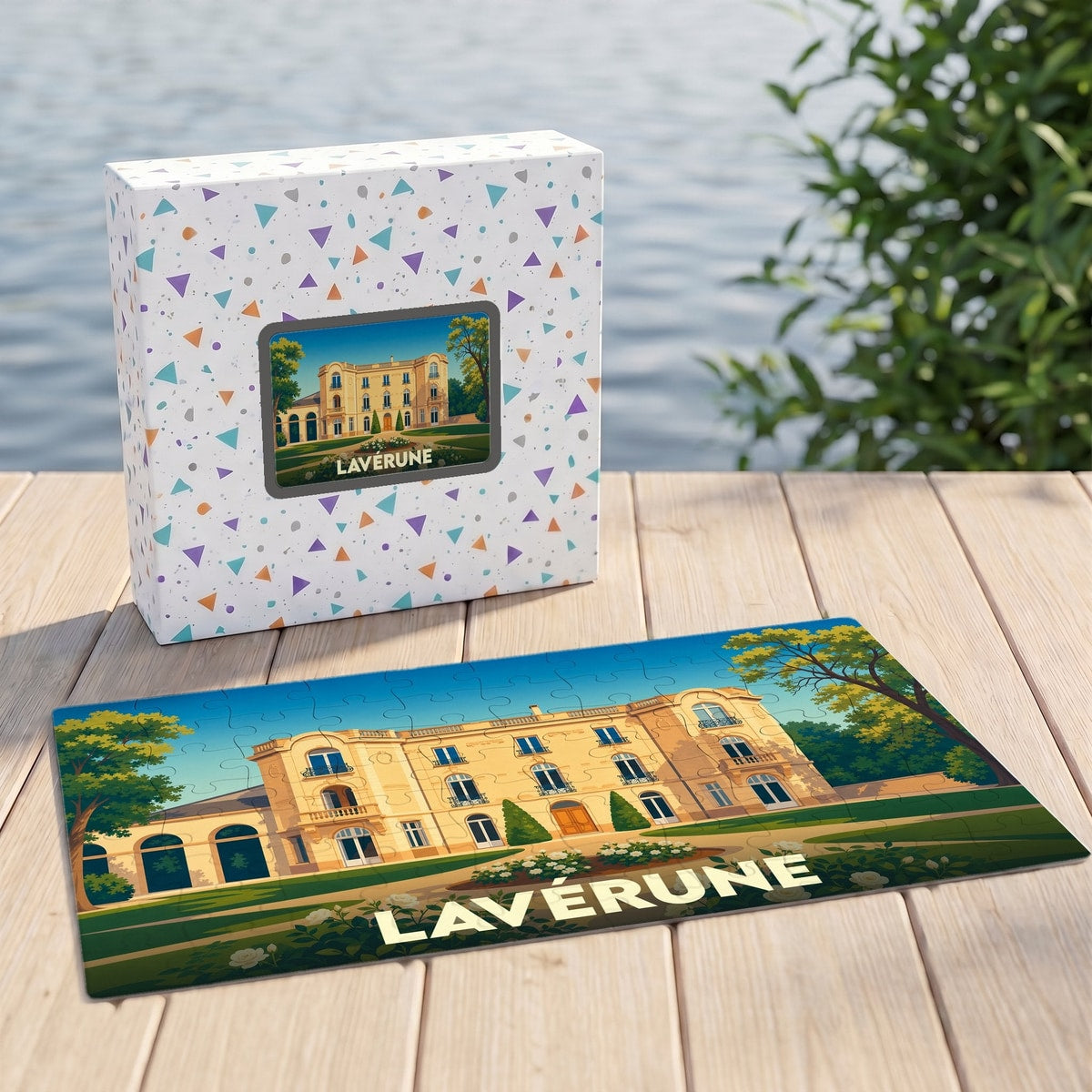 Puzzle souvenir de la ville de Lavérune avec une illustration stylisée d'un château.