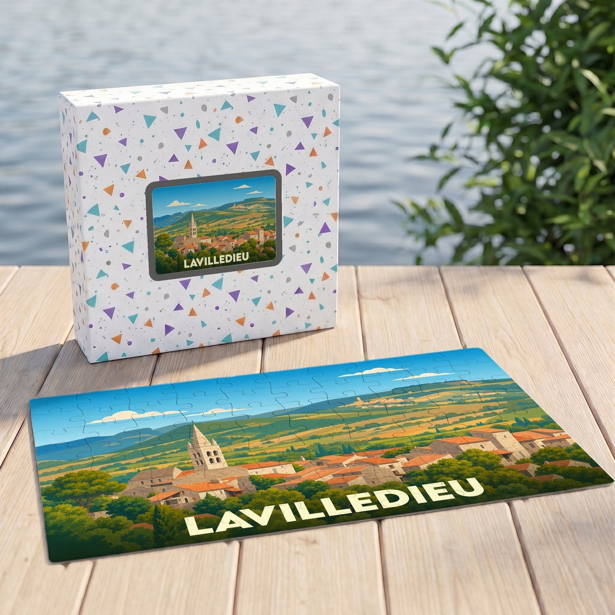 Puzzle souvenir de la ville de Lavilledieu avec une illustration stylisée de son paysage et de son clocher.