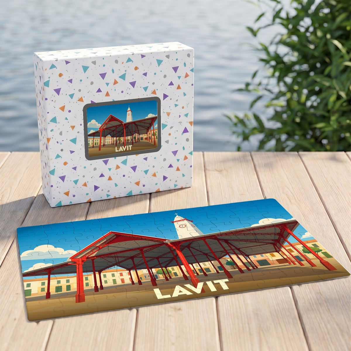 Puzzle souvenir de la ville de Lavit avec une illustration stylisée d'une halle couverte.
