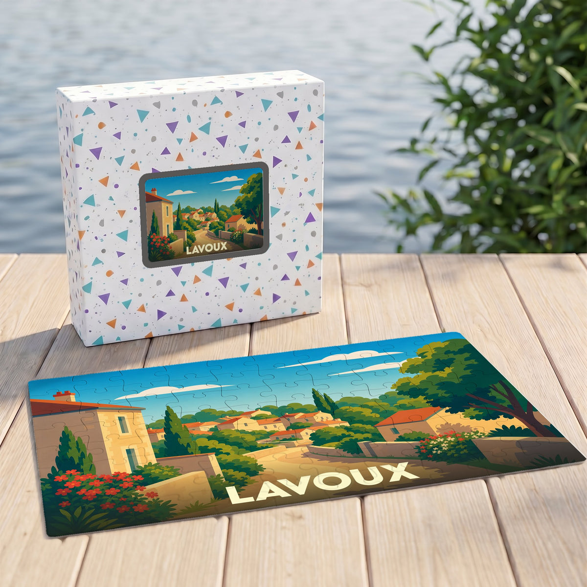 Puzzle souvenir de la ville de Lavoux avec une illustration stylisée de son paysage urbain.