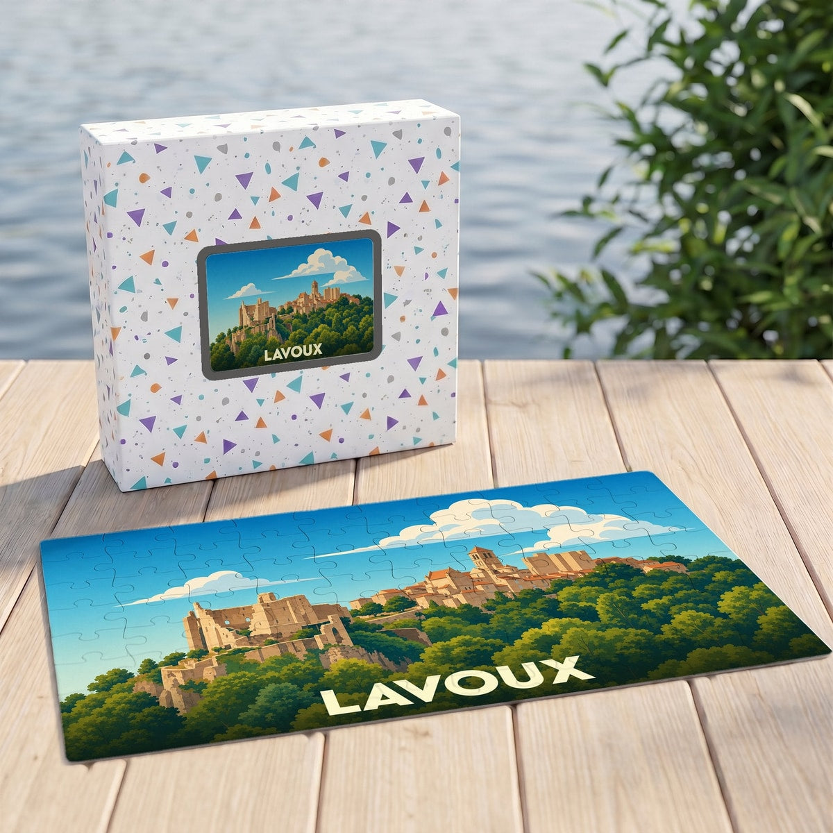 Puzzle souvenir de la ville de Lavoux avec une illustration stylisée d'un château sur une colline arborée.