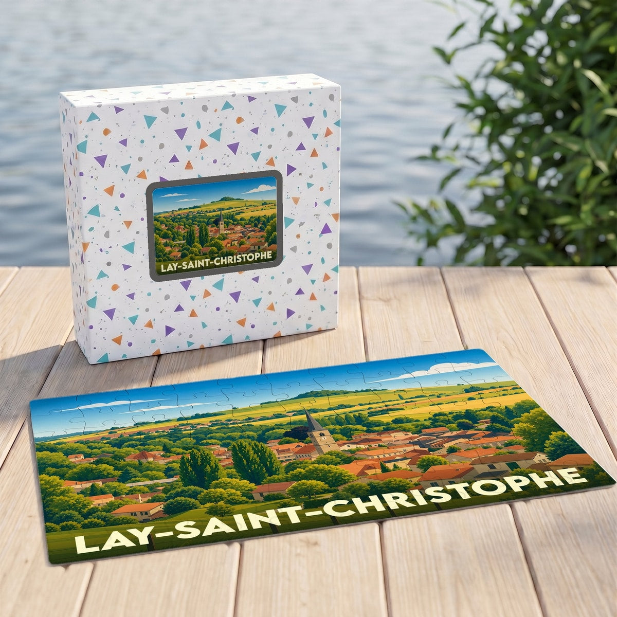 Puzzle souvenir de la ville de Lay-Saint-Christophe avec une illustration stylisée et colorée.