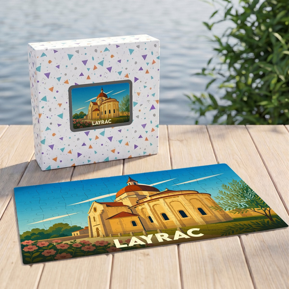 Puzzle souvenir de la ville de Layrac avec une illustration stylisée de son église romane.