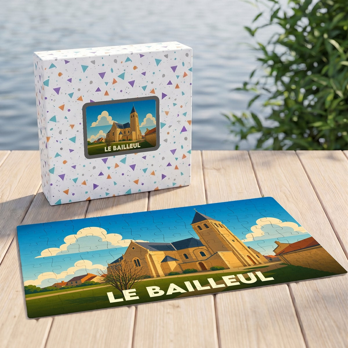 Puzzle souvenir de la ville de Le Bailleul avec une illustration stylisée de son église.