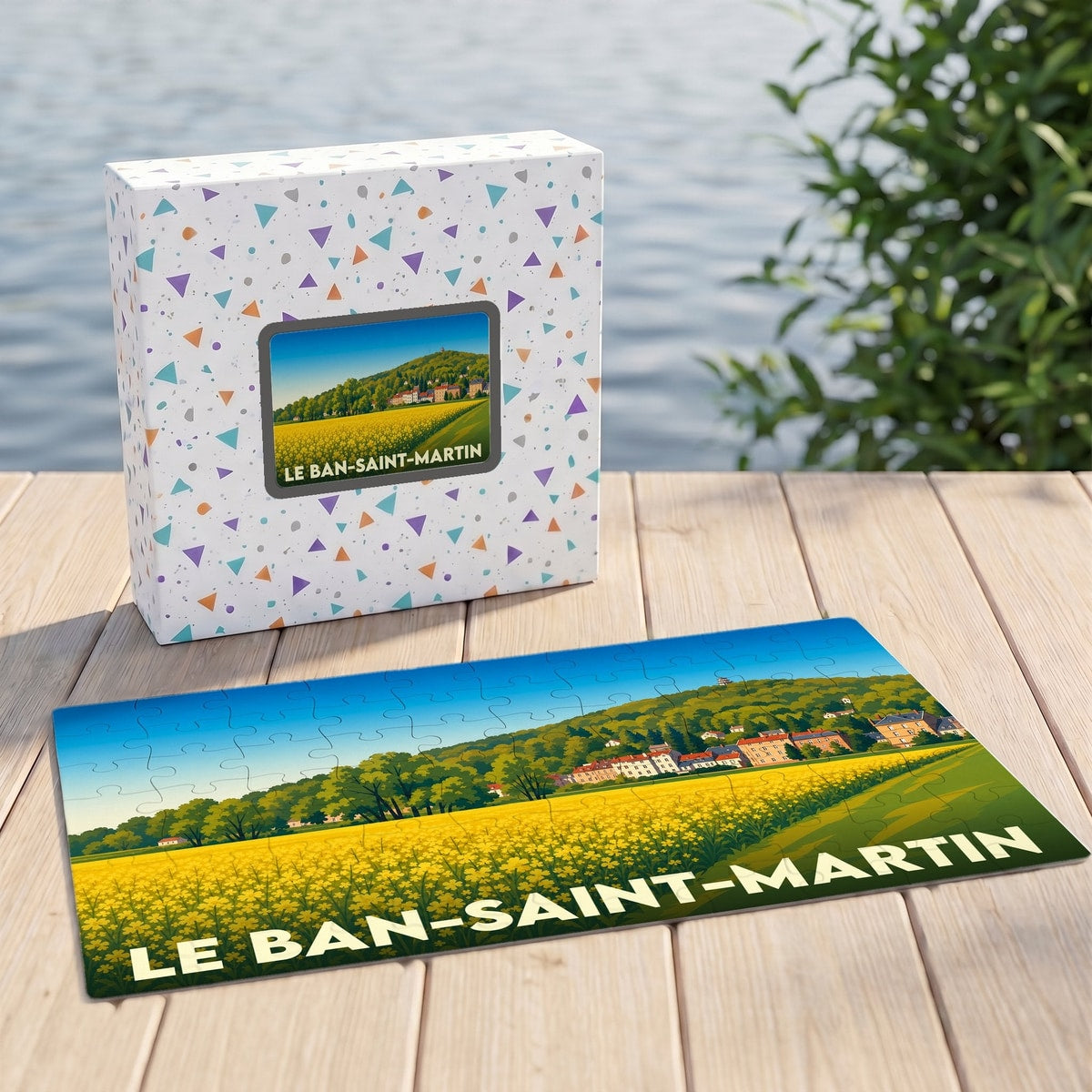 Puzzle souvenir de la ville de Le Ban-Saint-Martin représentant un paysage champêtre illustré.
