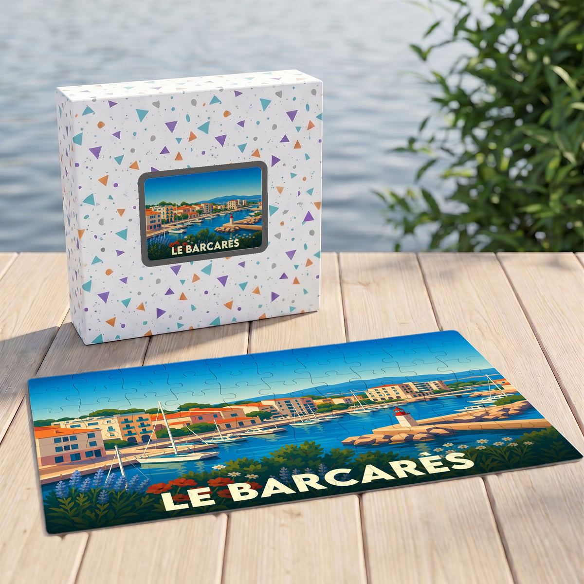 Puzzle souvenir de la ville de Le Barcarès avec une illustration stylisée de son port.