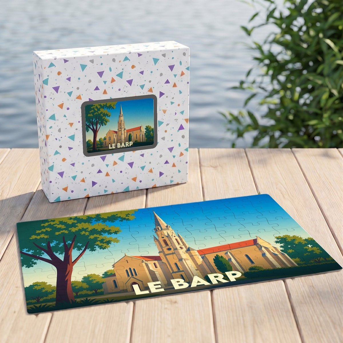 Puzzle souvenir de la ville de Le Barp avec une illustration stylisée.