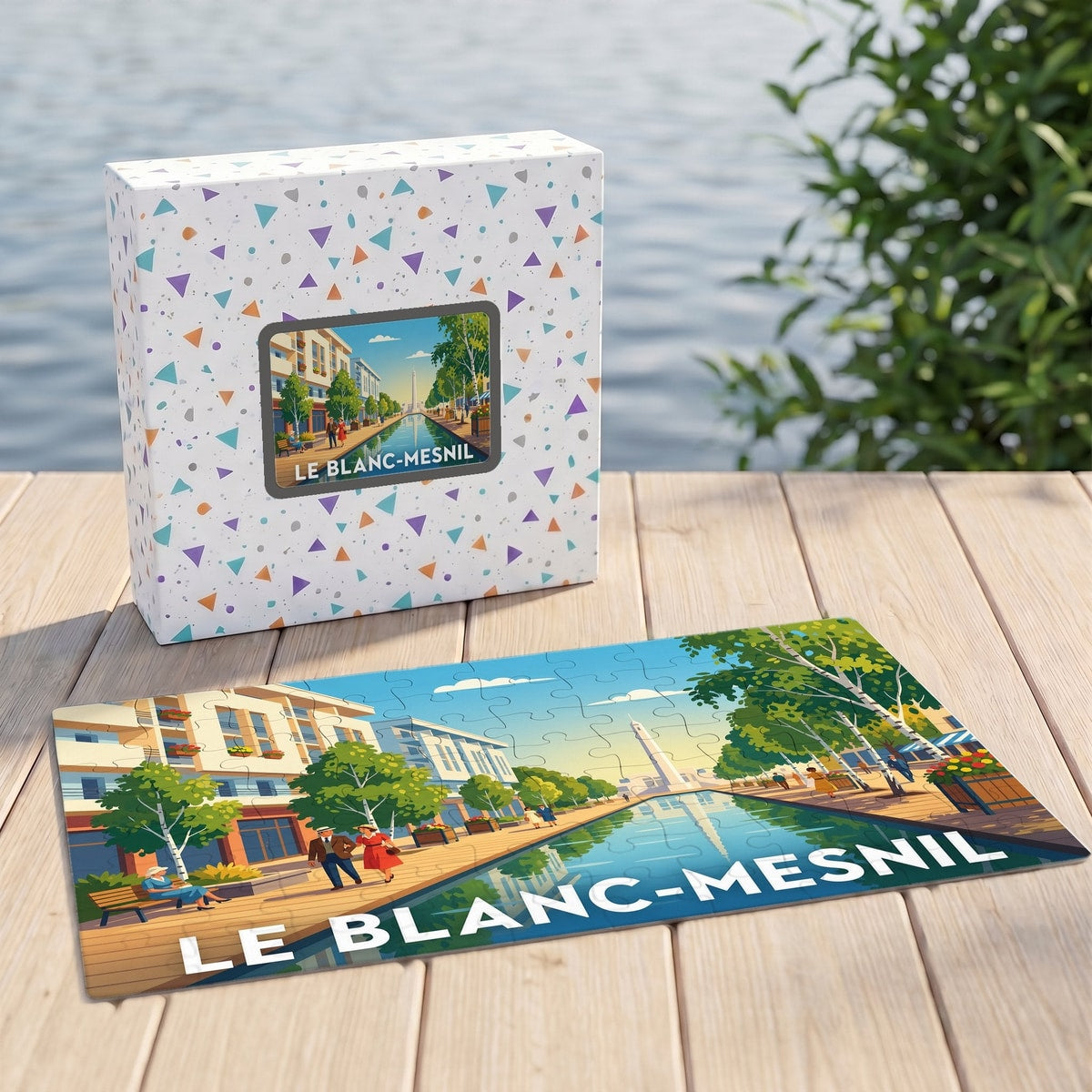Puzzle souvenir de la ville de Le Blanc-Mesnil avec une illustration stylisée d'un parc urbain.