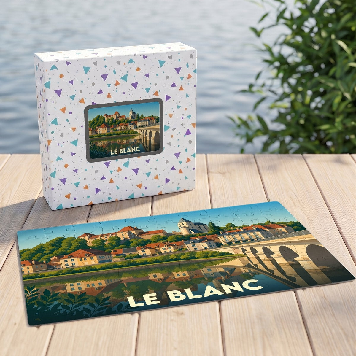 Puzzle souvenir de la ville de Le Blanc avec une illustration stylisée des bords de la Creuse.
