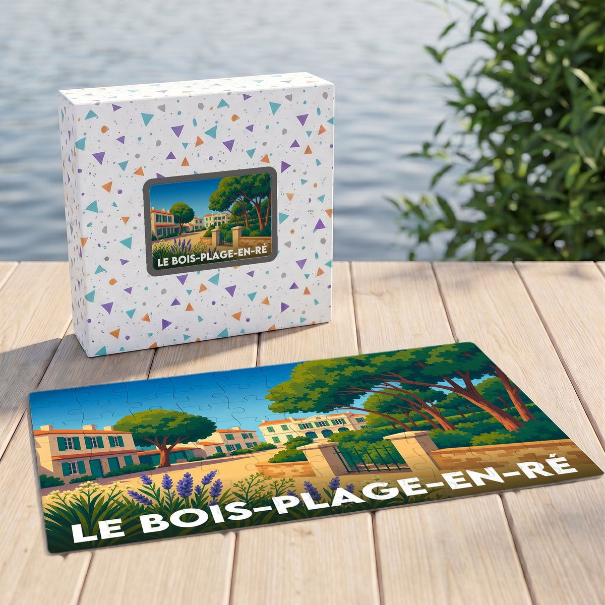 Puzzle souvenir de la ville de Le Bois-Plage-en-Ré avec une illustration stylisée d'un paysage côtier.