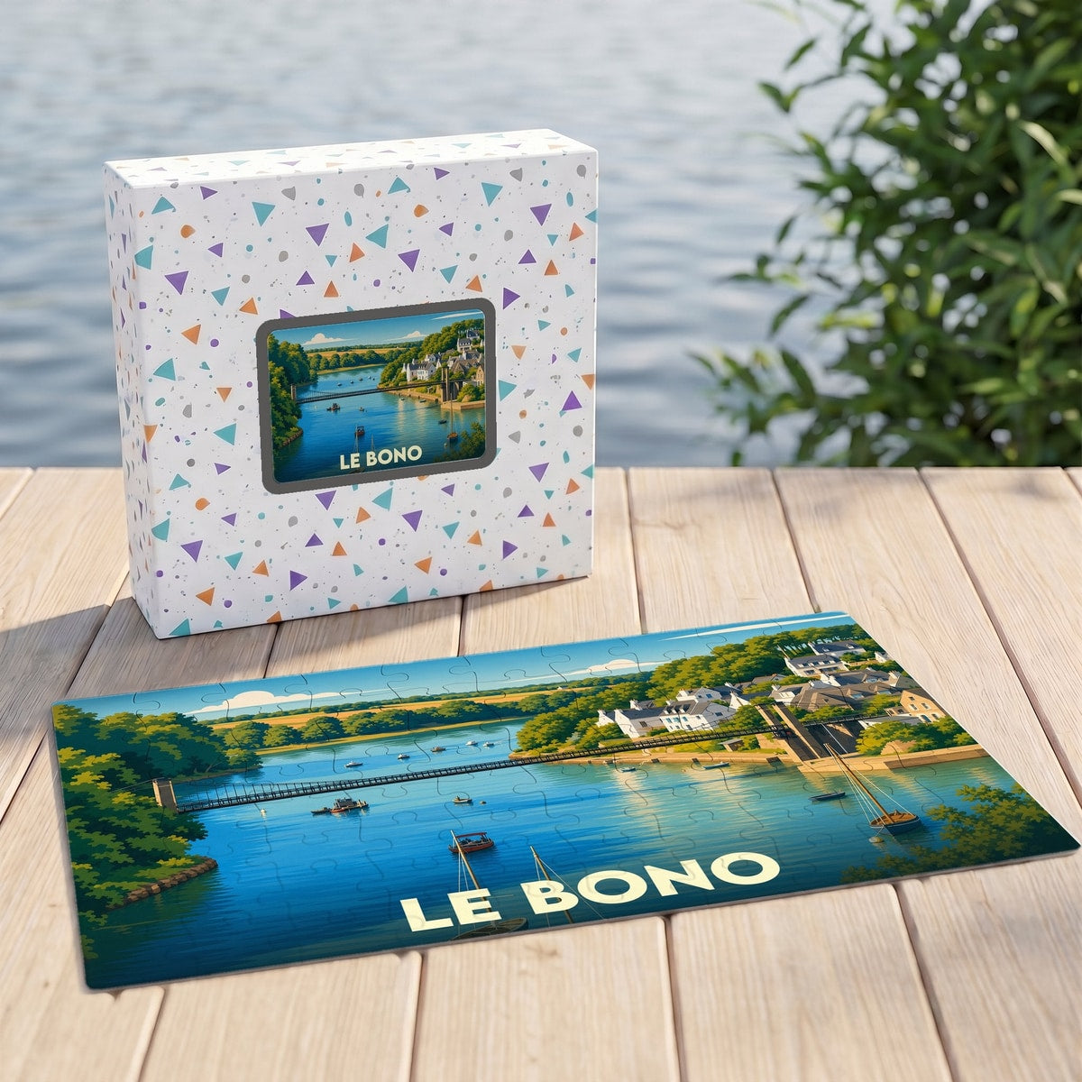 Puzzle souvenir de la ville de Le Bono avec une illustration stylisée de son pont et de son port.