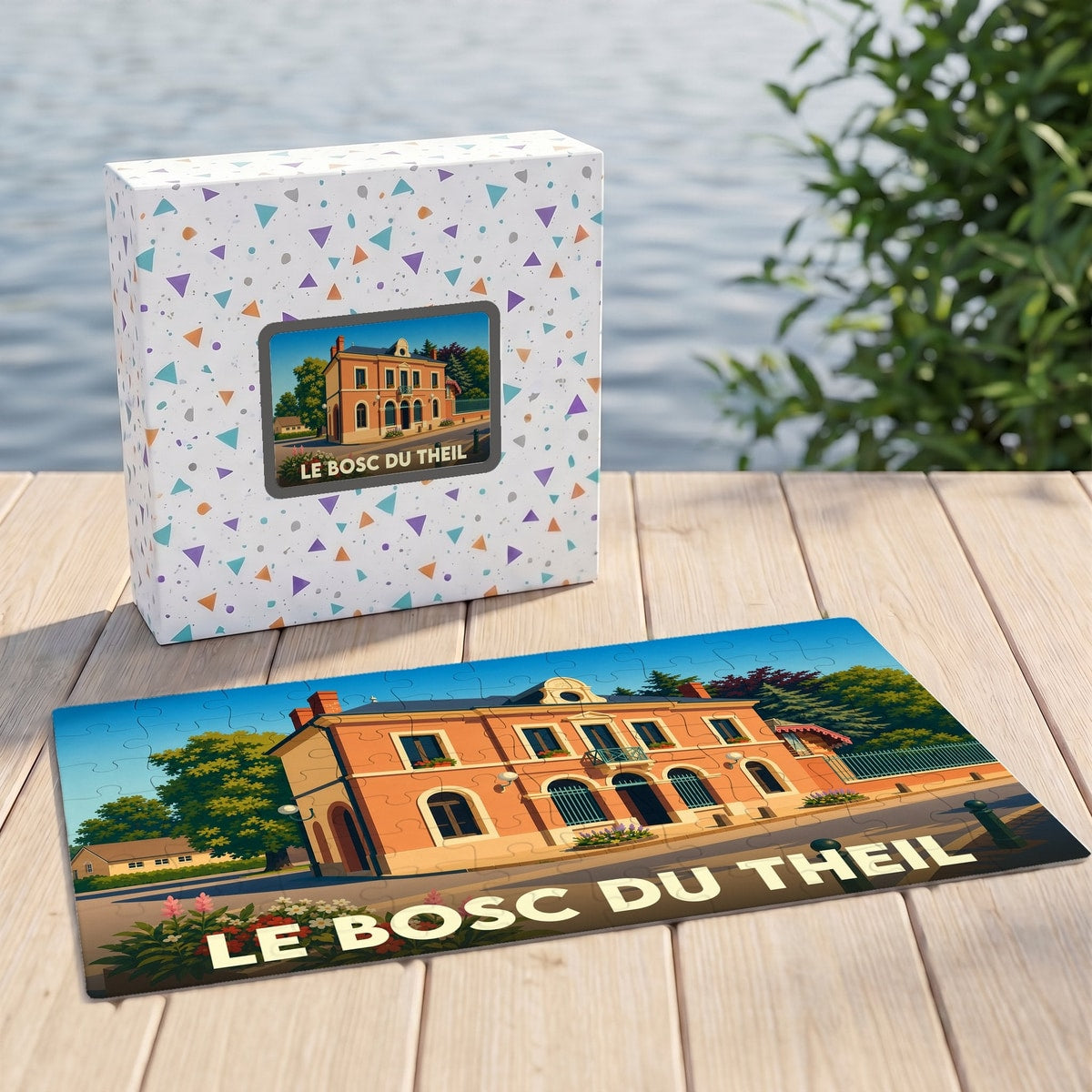 Puzzle souvenir de la commune de Le Bosc du Theil présentant une illustration stylisée d'un bâtiment remarquable.
