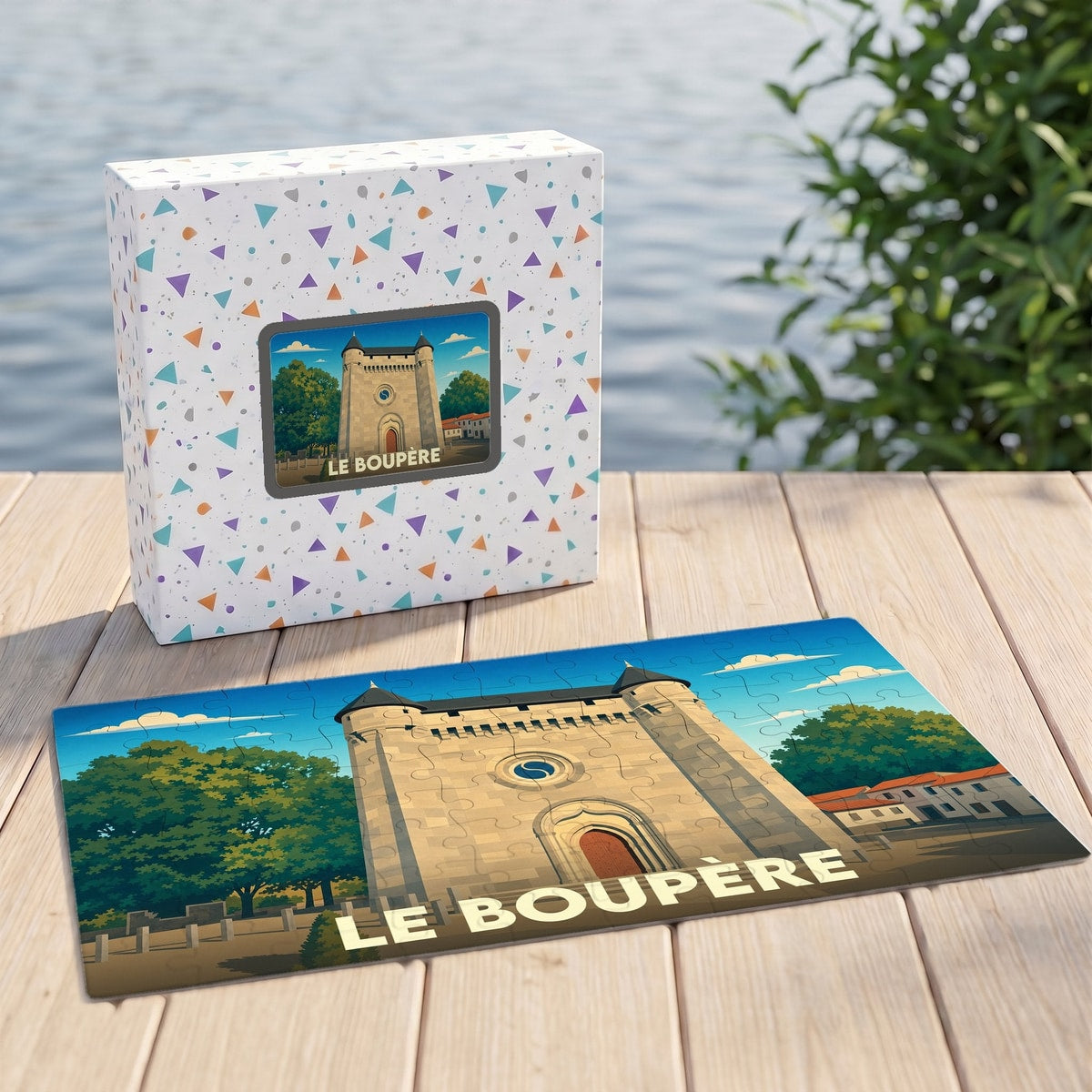 Puzzle souvenir de la ville de Le Boupère avec une illustration stylisée de son église fortifiée.