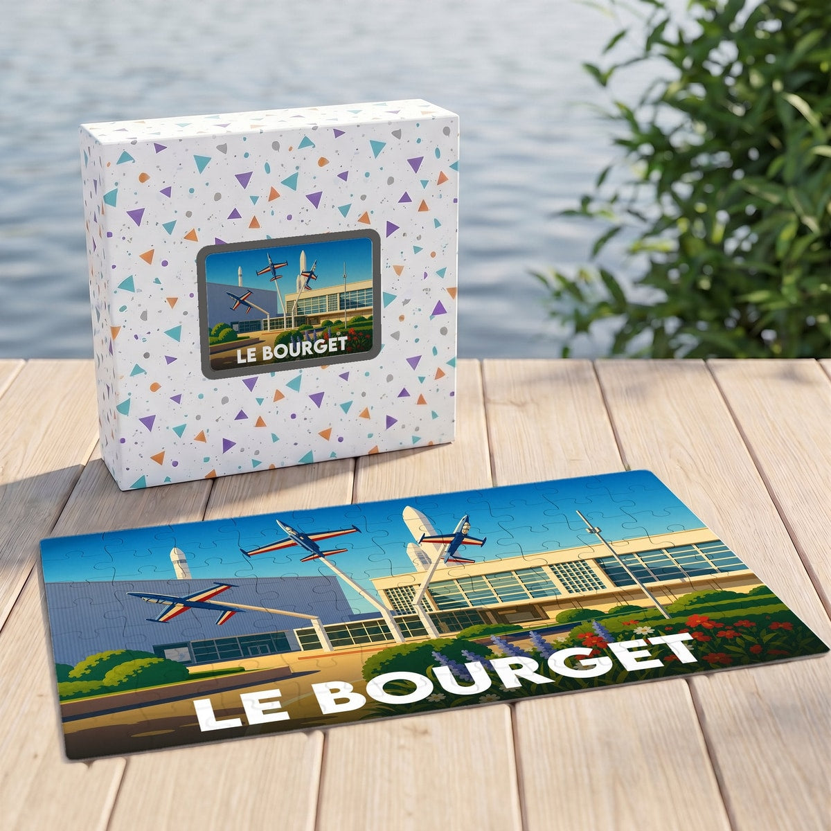 Puzzle souvenir de la ville de Le Bourget avec une illustration stylisée d'avions et de son musée.