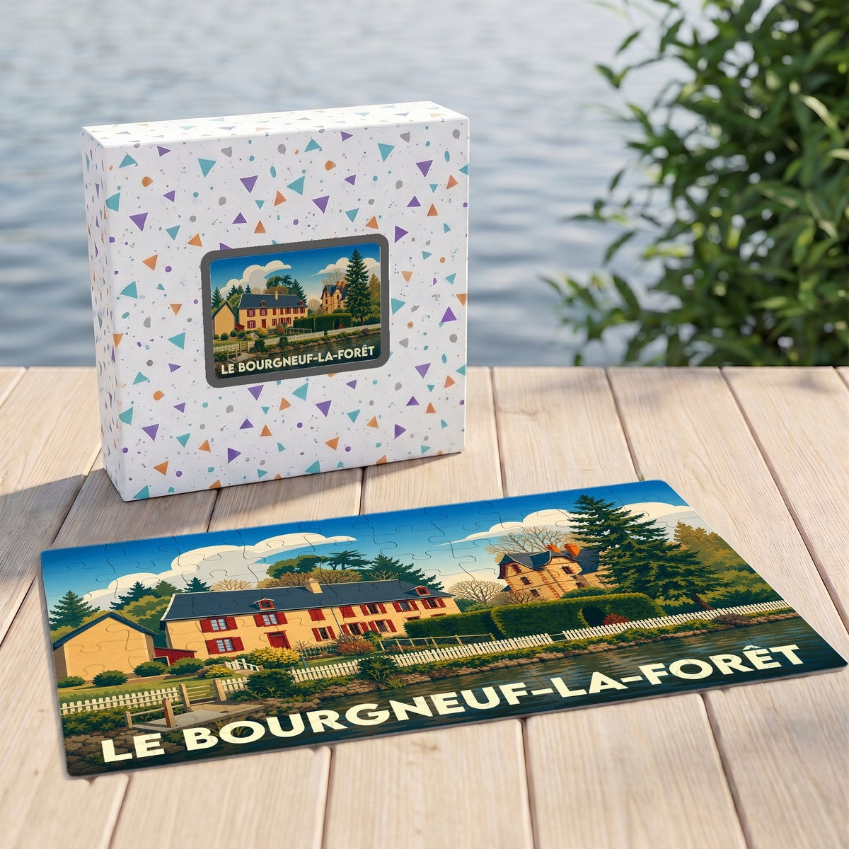 Puzzle souvenir de la ville de Le Bourgneuf-la-Forêt avec une illustration stylisée d'un paysage de bord de l'eau.