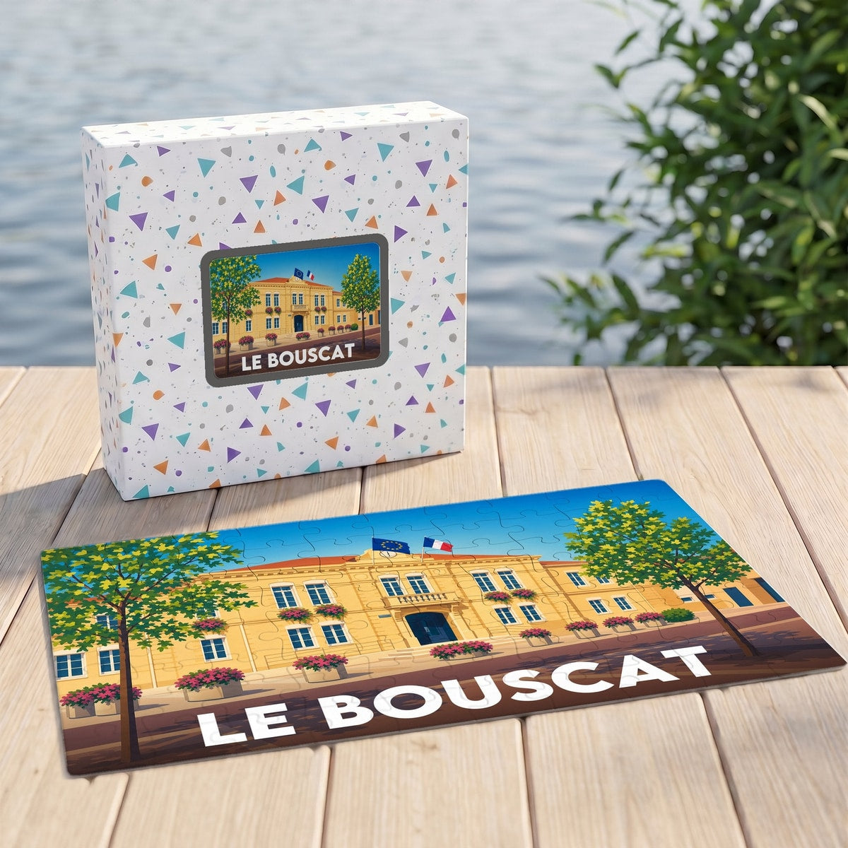 Puzzle souvenir de la ville du Bouscat avec une illustration stylisée de l'hôtel de ville.