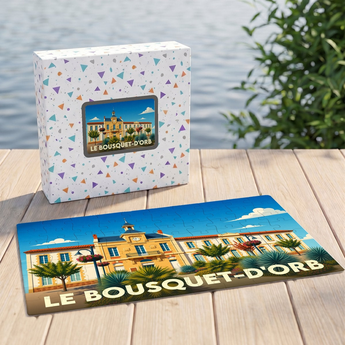 Puzzle souvenir de la ville de Le Bousquet-d'Orb avec une illustration stylisée de son hôtel de ville.