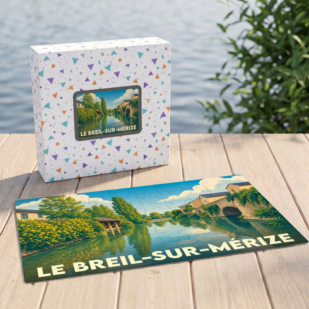 Puzzle souvenir de la ville de Le Breil-sur-Mérize avec une illustration paysagère stylisée.